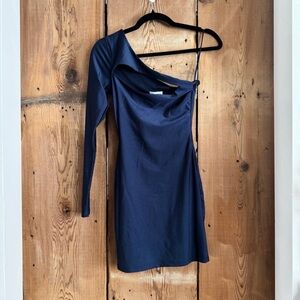 Sz XS Superdown Navy Blue Erika Cut Out One-Sleeve Mini Cocktail Dress EUC